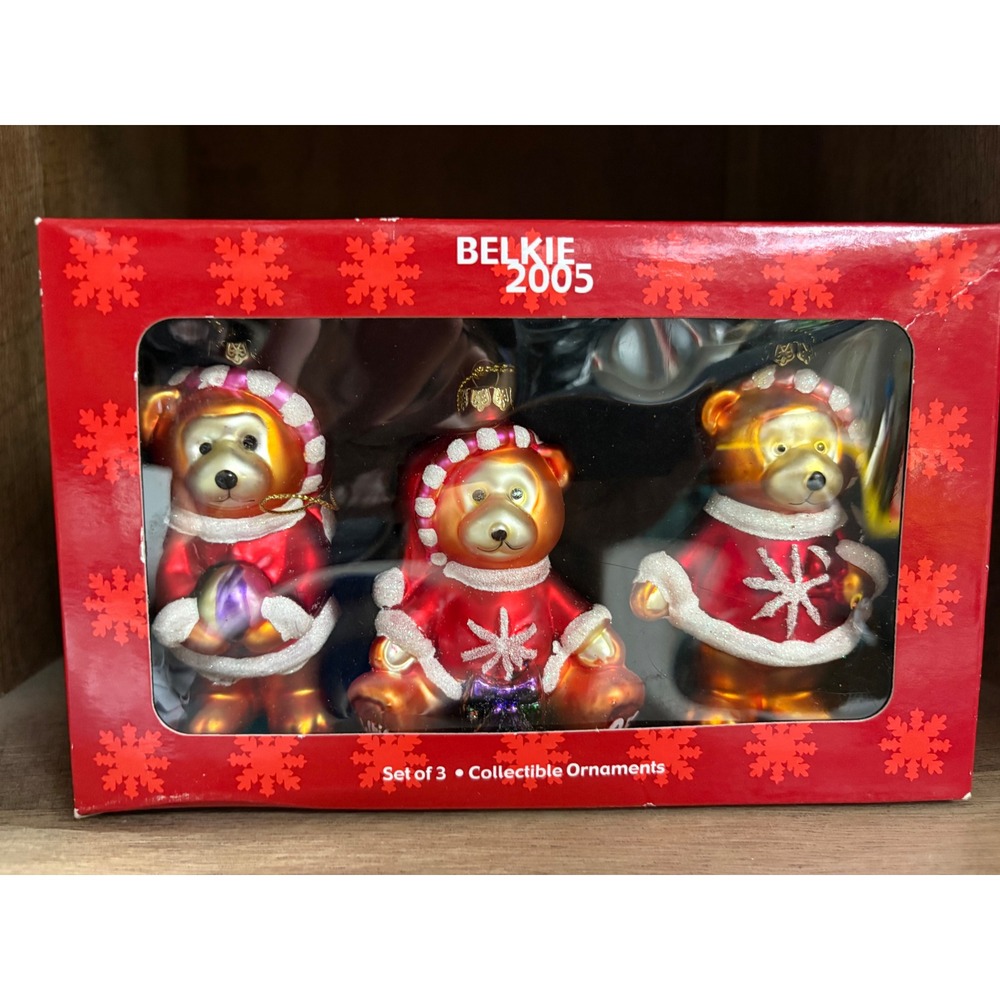Belk Belkie 2005 Collectible Glass Bear Ornaments Set of 3 Red Gold Holiday